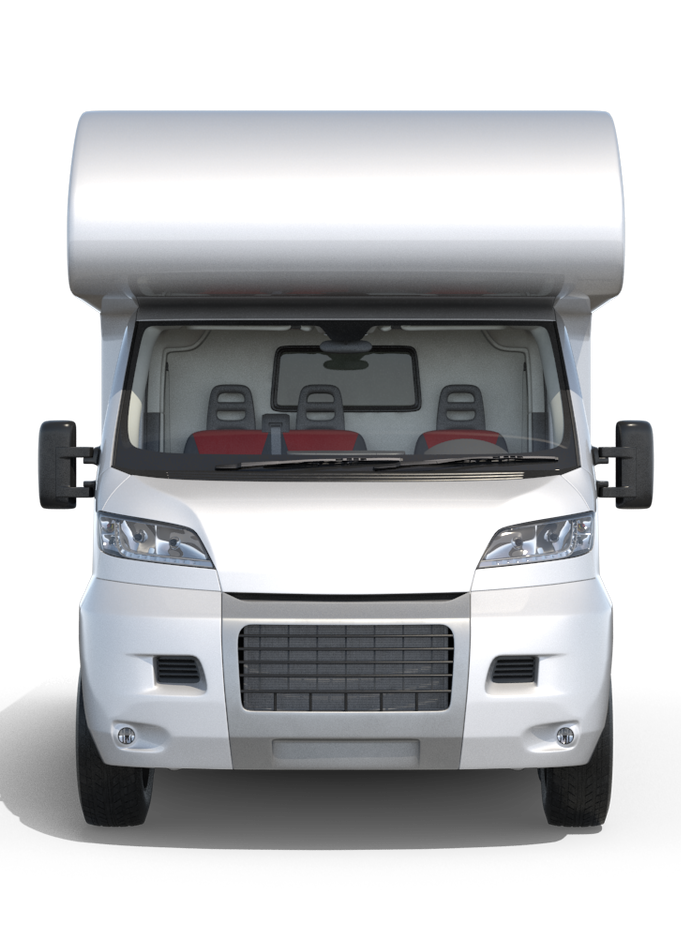 A white rv is shown from the front on a white background.