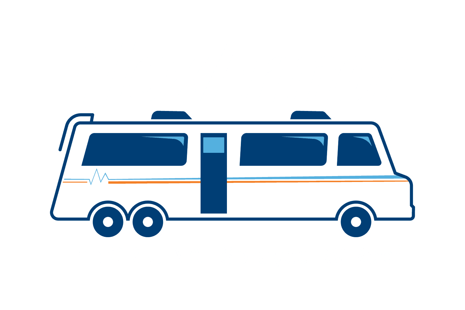 A blue and white rv with a door on a white background.