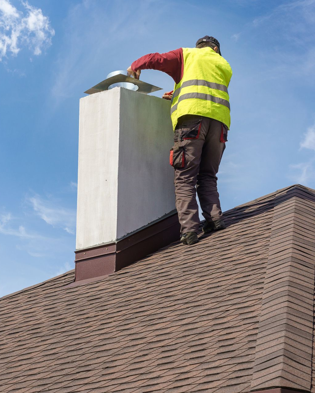 A person wearing a reflective vest works on a chimney atop a brown shingle roof under a blue sky. A person wearing a reflective vest works on a chimney atop a brown shingle roof under a blue sky.