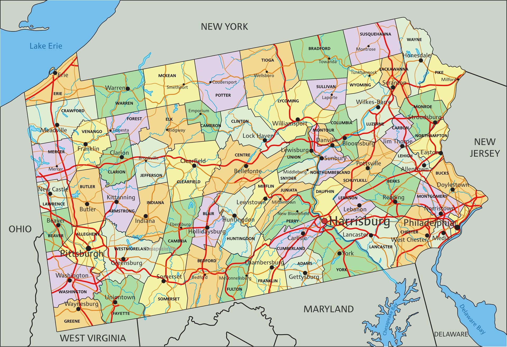 Map of Pennsylvania, showing county boundaries, roads, and major cities.