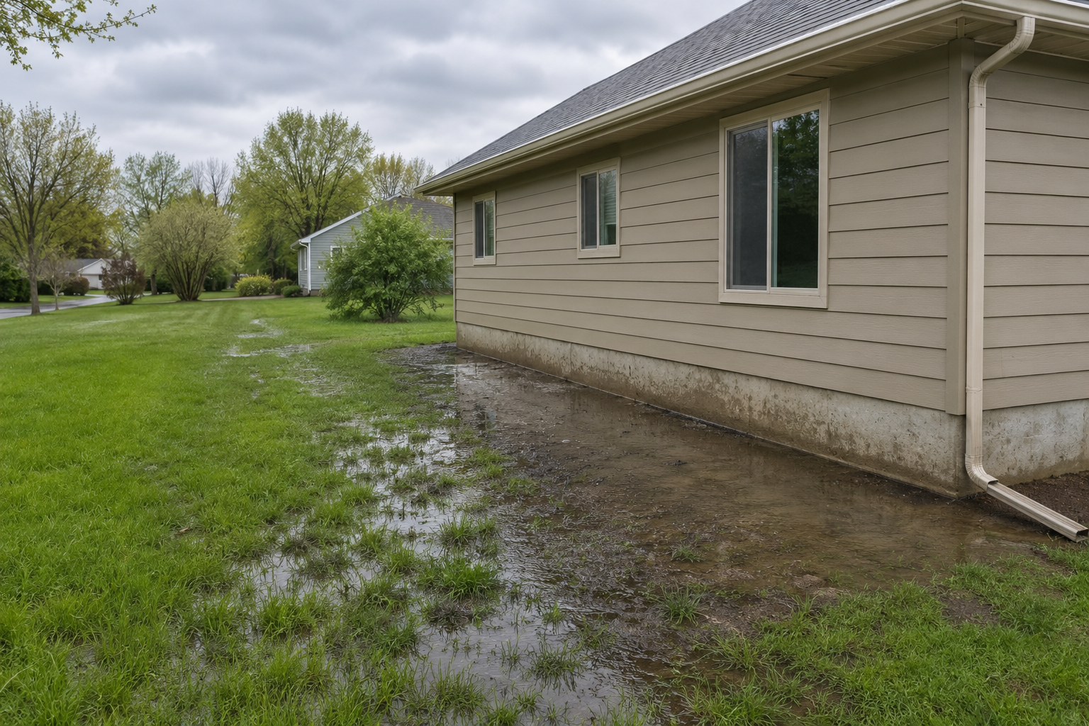 Side view of a beige house with wet muddy yard and grassy lawn after rain