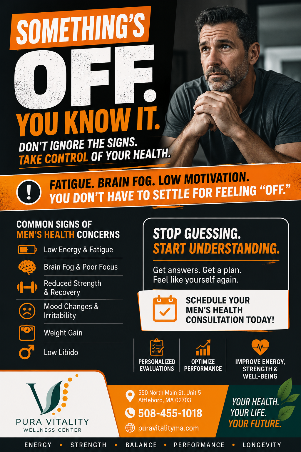 Fitness poster reading “Something’s Off. Know It.” with man beside symptom and consultation text
