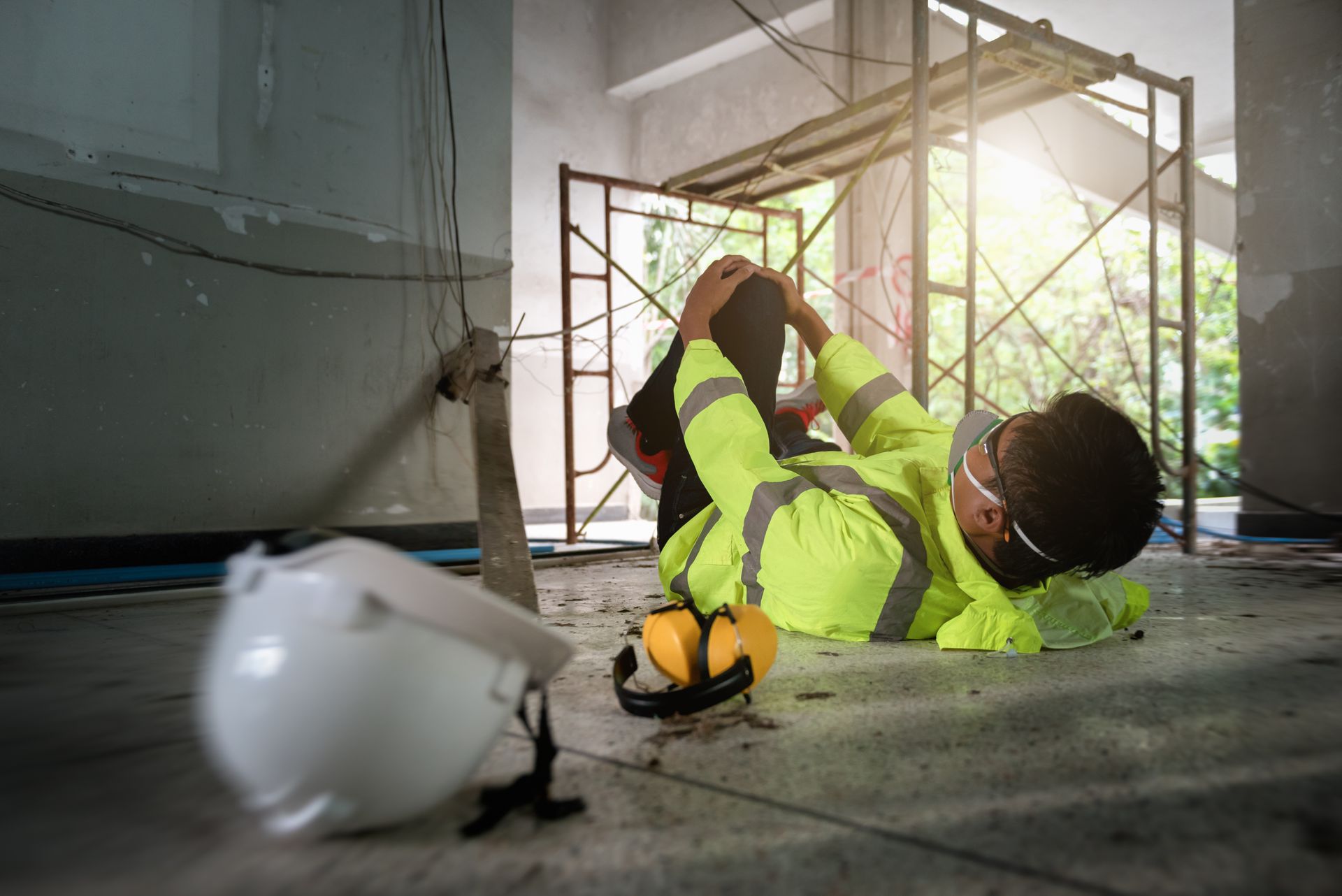 Construction worker on floor, injured.