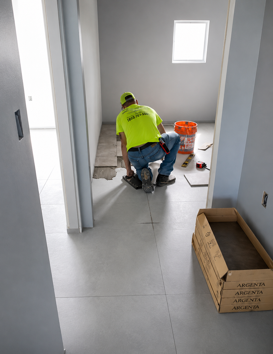 Worker in neon jacket crouches in a hallway, installing flooring beside tools and boxes.