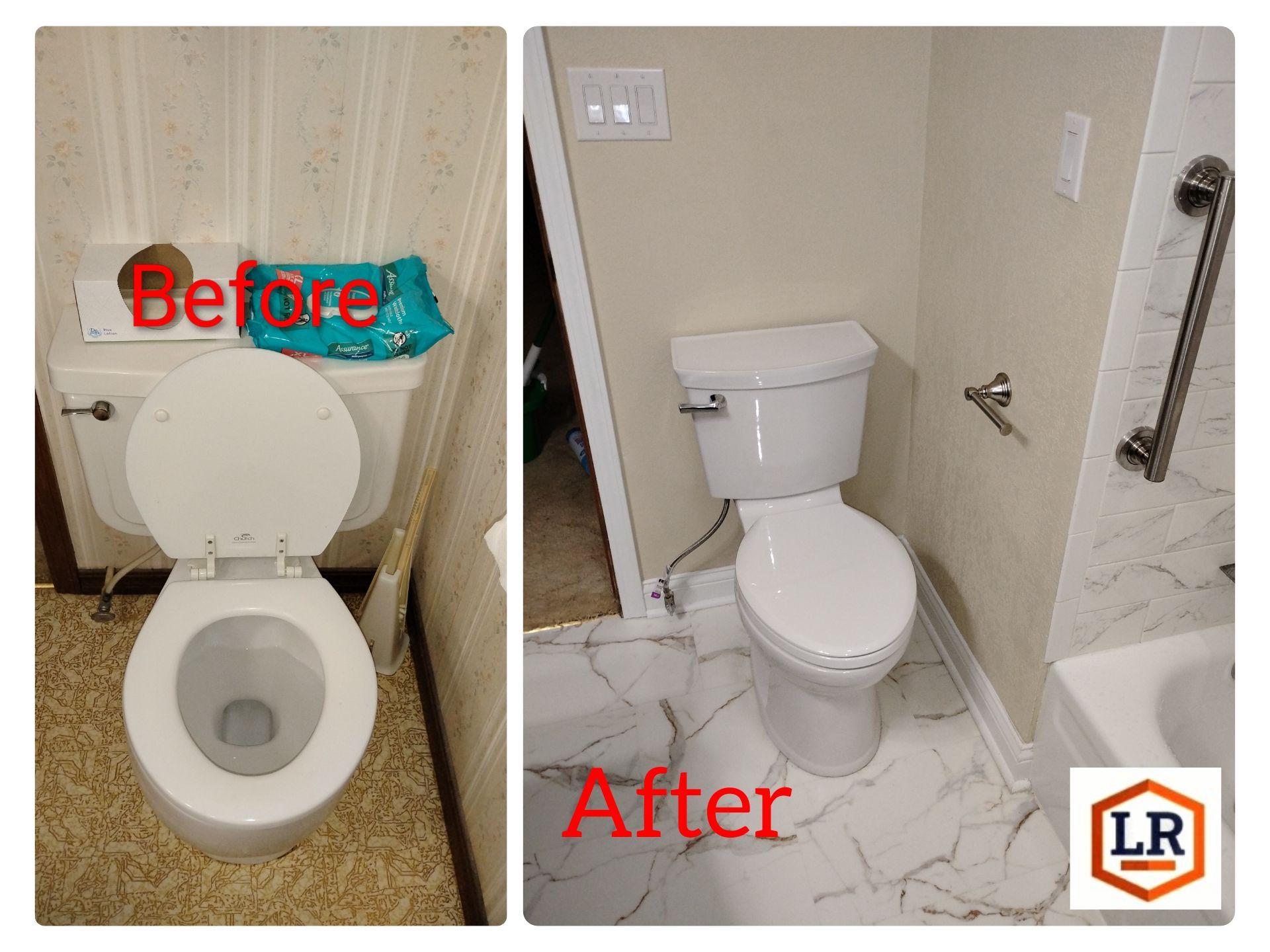 Before-and-after bathroom toilet update: old toilet replaced with a new white toilet on marble tile.