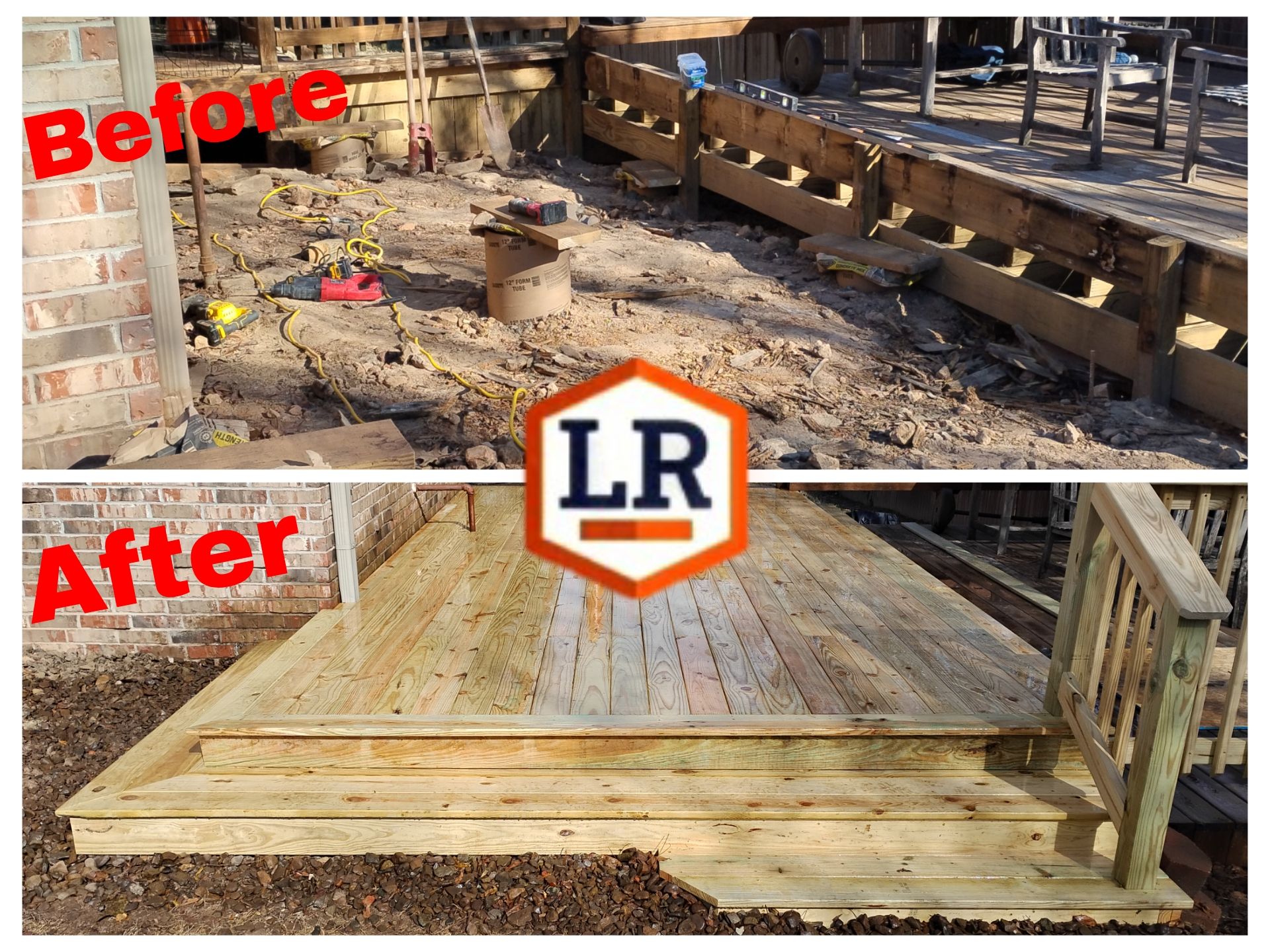 Before-and-after of a damaged yard rebuilt into a raised wooden deck beside a brick wall.