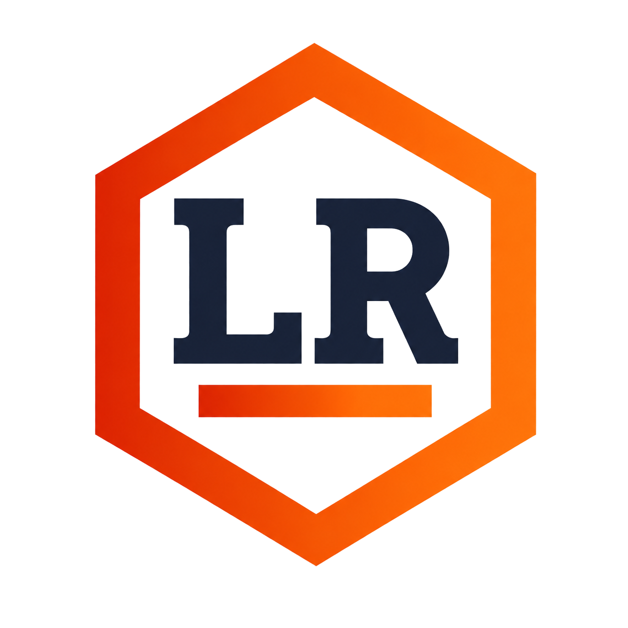 Orange hexagon logo with navy “LR” letters and underline on white background