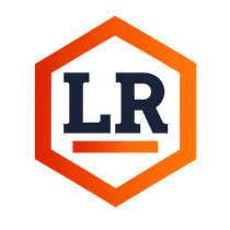 Orange hexagon logo with navy “LR” letters and underline on white background