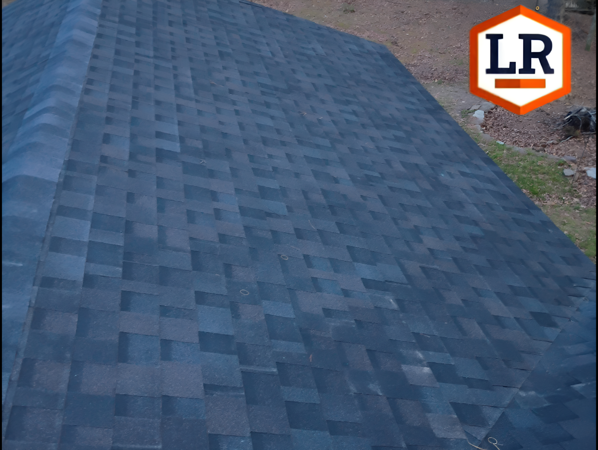 Blue shingled roof with an LR logo in the top-right corner