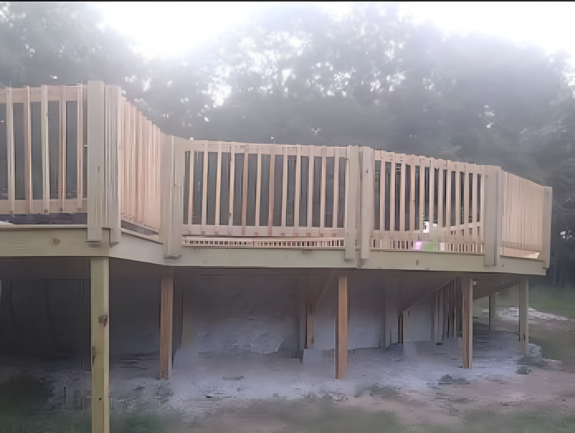Wooden deck with railings on posts in a foggy wooded yard