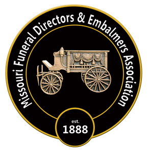 Missouri Funeral Directors & Embalmers Association emblem with gold funeral carriage and est. 1888