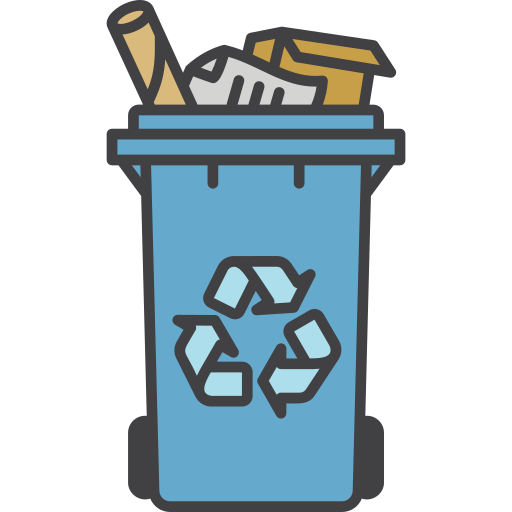 A blue wheelie bin filled with paper to be shredded and a recycling symbol.