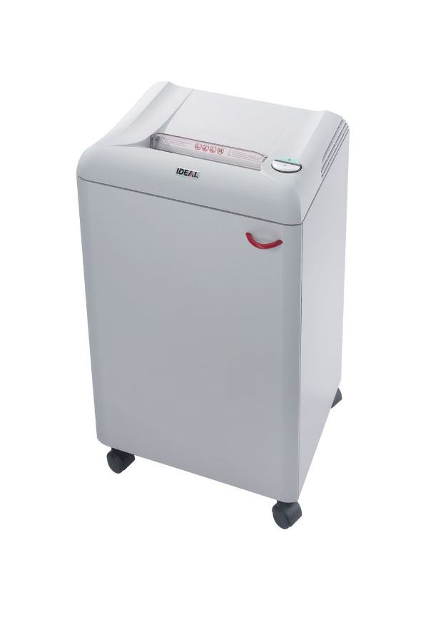 Ideal 2503 paper shredder with paper feed slot, control buttons, and wheels.
