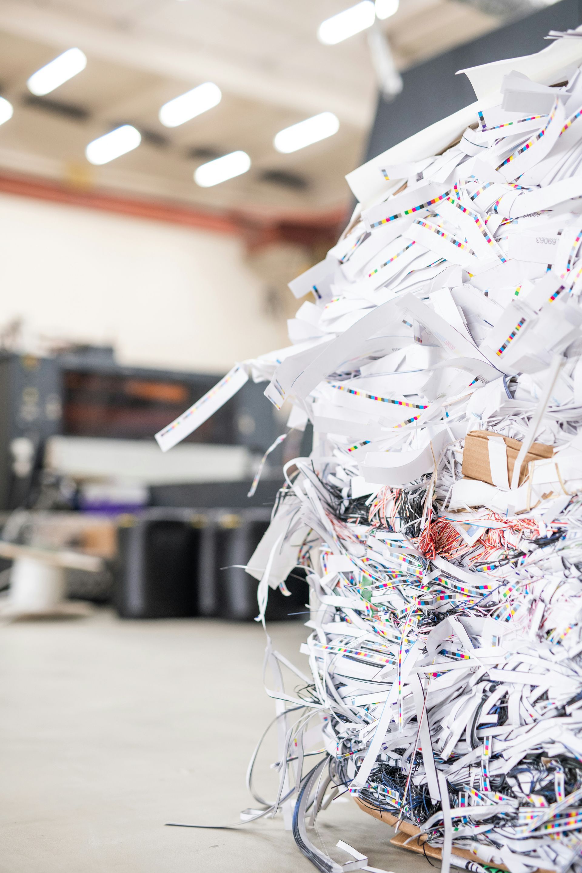 Pile of shredded paper in a warehouse setting, close-up with focus on white strips.