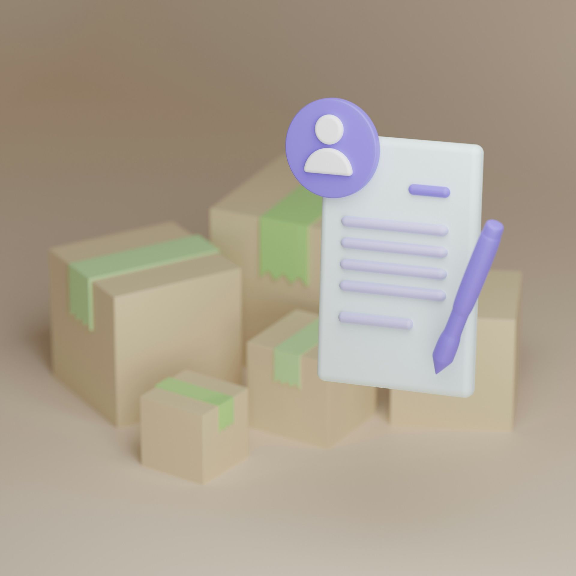 Purple document icon with user avatar and pen above stacked boxes on a beige background
