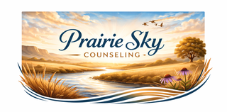 Prairie Sky Counseling logo with blue script over a sunrise prairie landscape and river