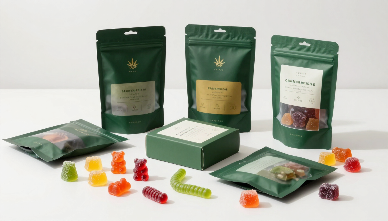 A variety of cannabis mega pack edibles displaying 100mg THC and CBD labels.