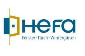 A blue and yellow logo for hefa fenster türen wintergarten