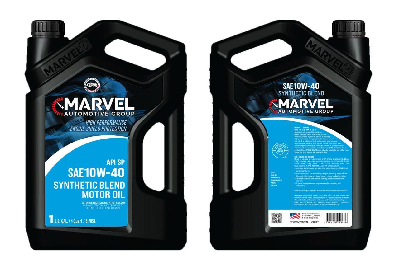 Two black Marvel SAE 10W-40 synthetic blend motor oil containers, front and back, with blue accents.