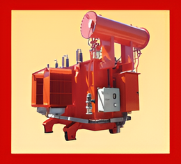 Máquina industrial roja con tuberías, conductos de ventilación y caja de control sobre un fondo amarillo pálido.
