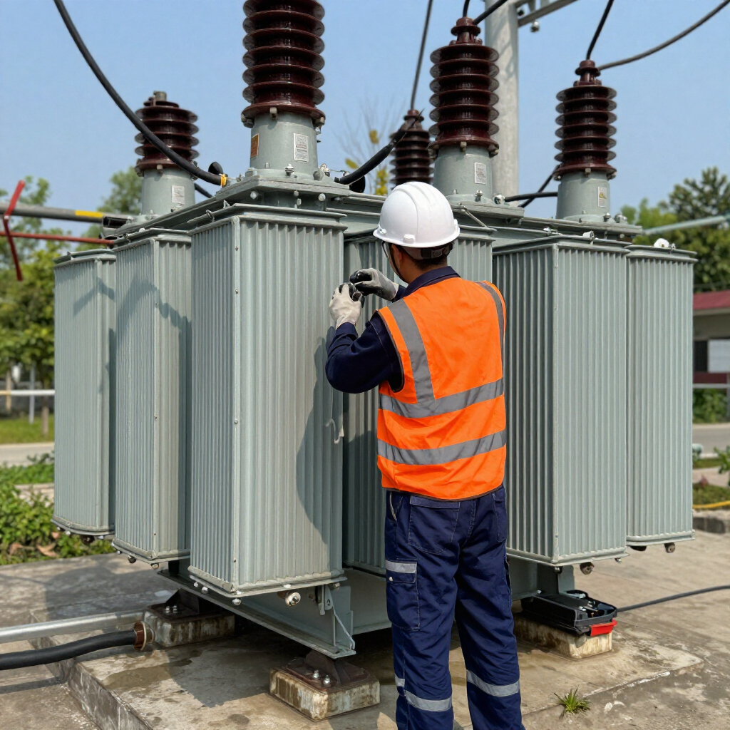 Un trabajador con chaleco de seguridad naranja inspecciona un gran transformador eléctrico al aire libre.