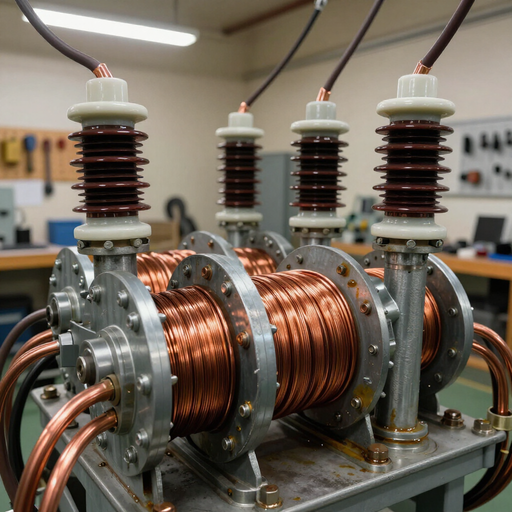 Montaje de laboratorio eléctrico de alta tensión con bobinas de cobre y aisladores cerámicos sobre una estructura metálica.