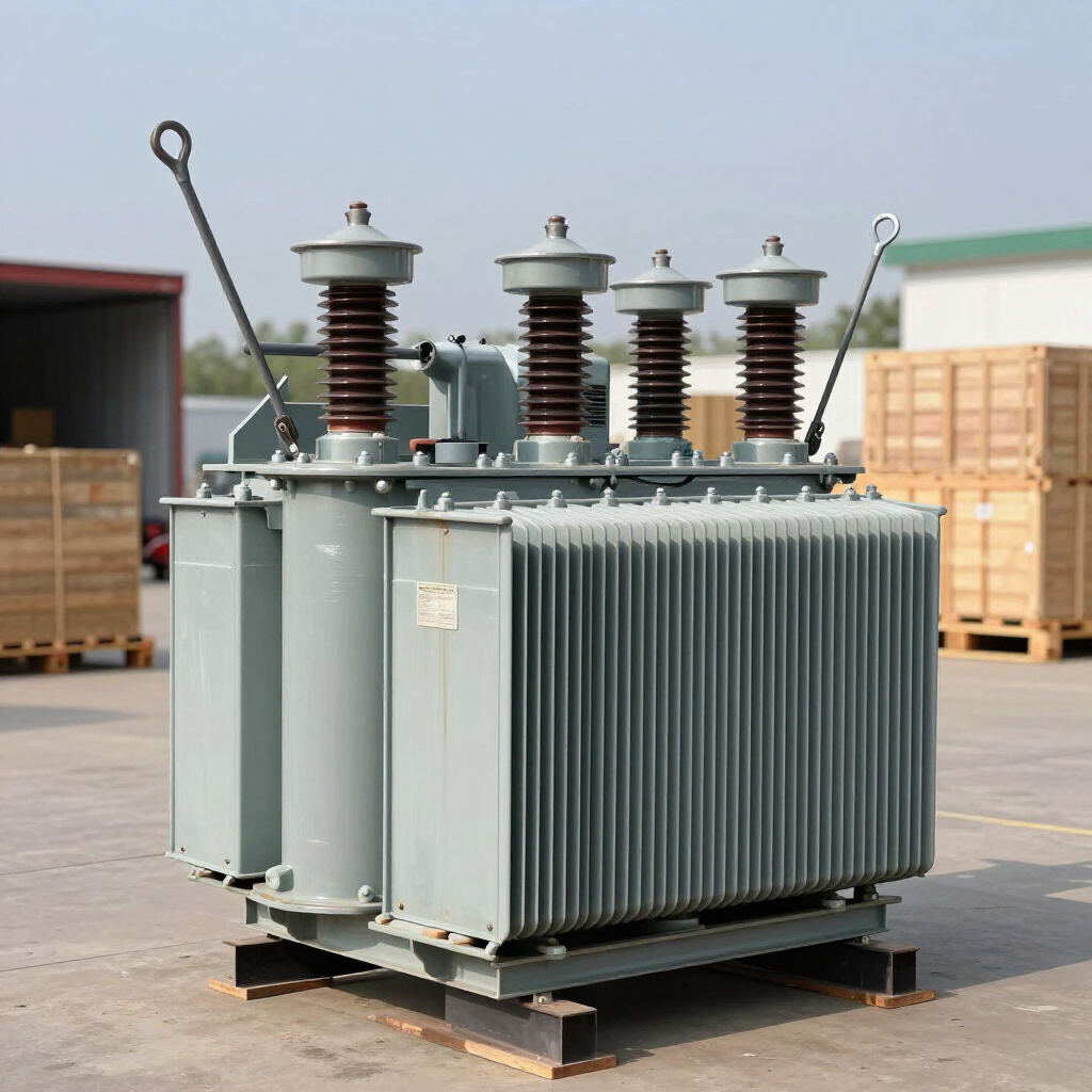 Gran transformador eléctrico gris sobre un palé al aire libre en un patio industrial.