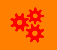Tres iconos de engranajes rojos agrupados sobre un fondo naranja.