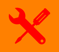 Una llave inglesa y un destornillador rojos cruzados sobre un fondo naranja, que indican herramientas o mantenimiento.