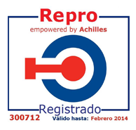 Logotipo de reproducción con marca circular roja y azul, “Registrado”, y fecha de validez “Febrero 2014”