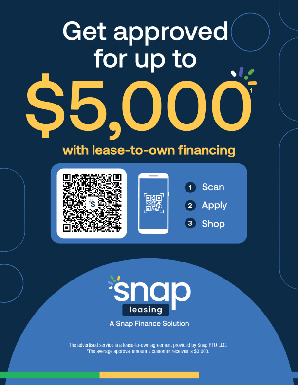 Advertisement: Get approved for up to $5,000 with lease-to-own financing. Scan QR code, apply, shop. Blue and yellow.