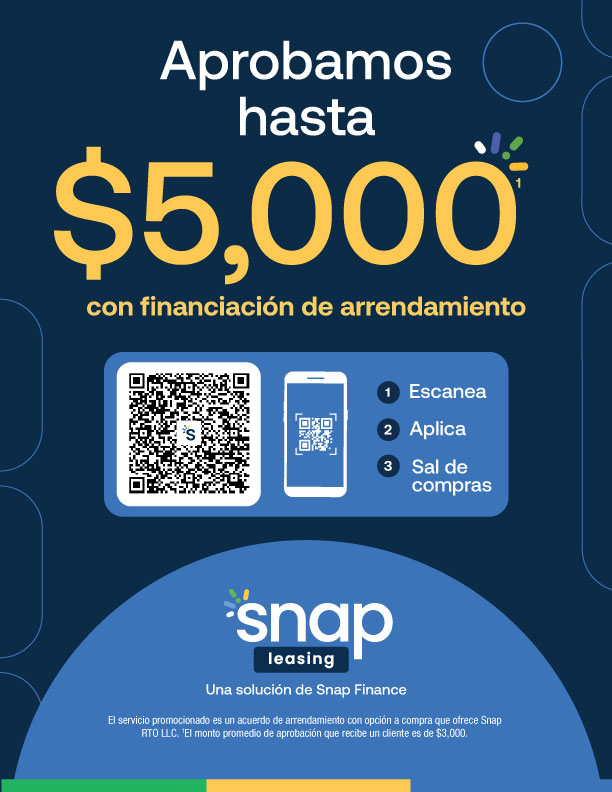 An advertisement for Snap Leasing, showing up to $5,000 financing. Blue background, QR code, and phone illustration.