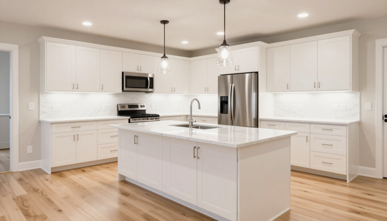 Bright modern kitchen with white cabinets, stainless appliances, and a large island with marble countertop