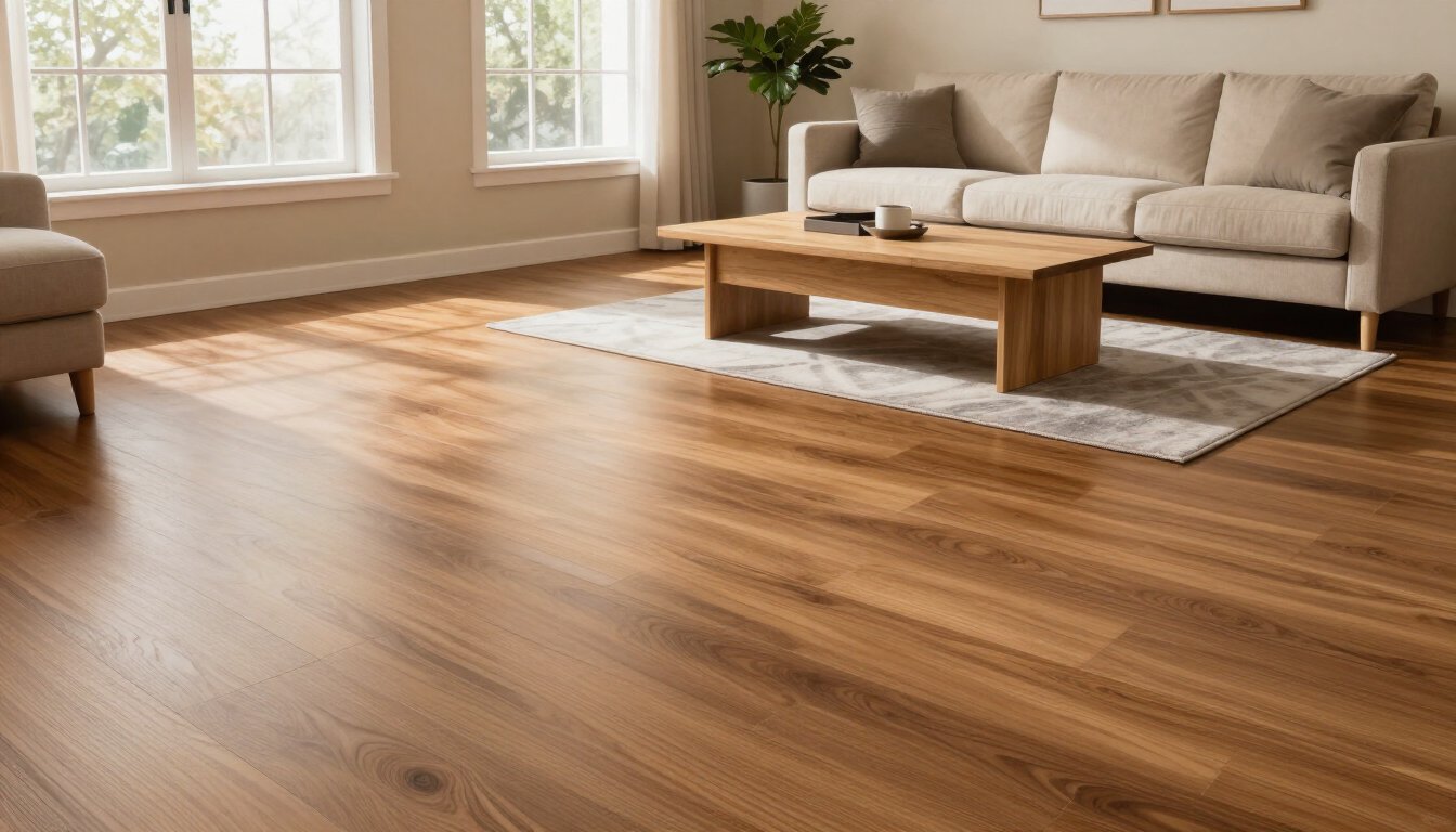 Bright living room with wooden floor, beige sofa, coffee table, and sunlight from large windows