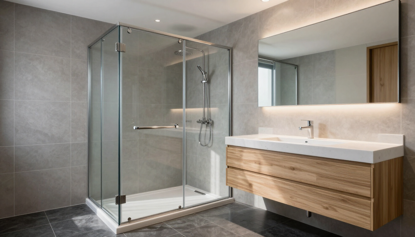 Modern bathroom with glass shower, floating wood vanity, and large mirror under soft lighting