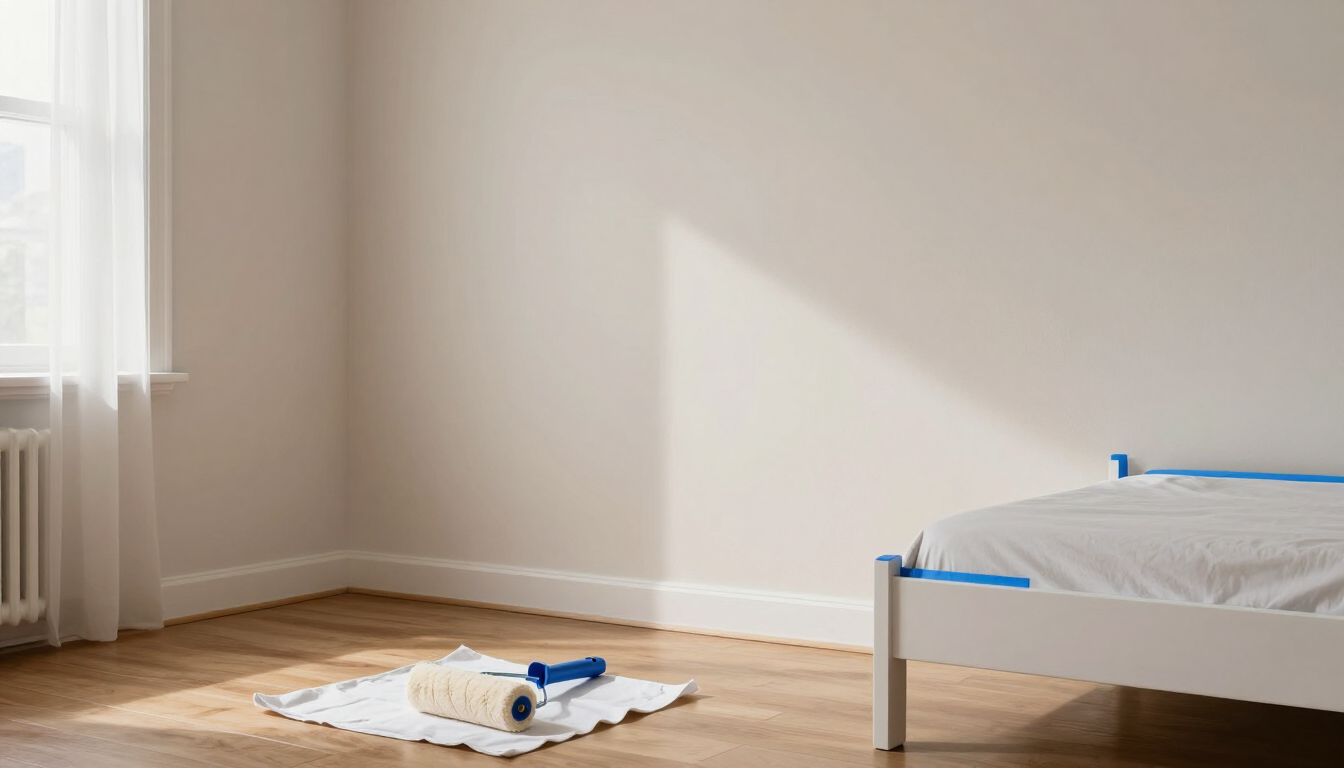 Minimal bedroom corner with bed, folded towels on a rug, and sunlight on the wall