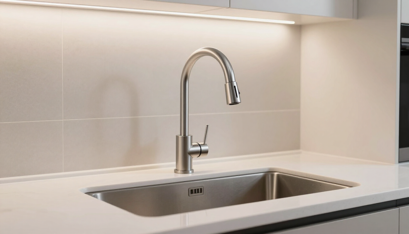 Modern kitchen sink with chrome faucet under warm under-cabinet lighting