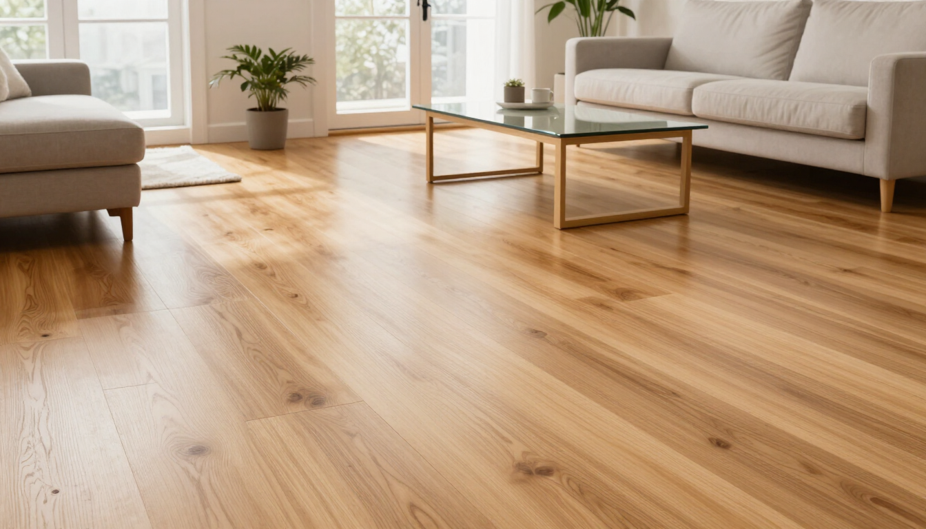 Bright modern living room with light wood floor, sofas, coffee table, and a potted plant near large windows