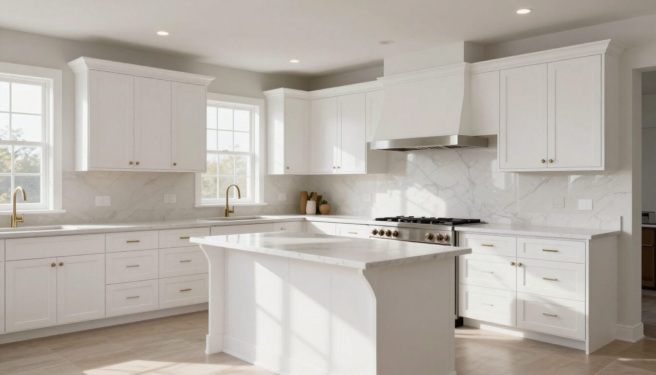 Bright modern white kitchen with island, cabinets, stainless range hood, and large windows