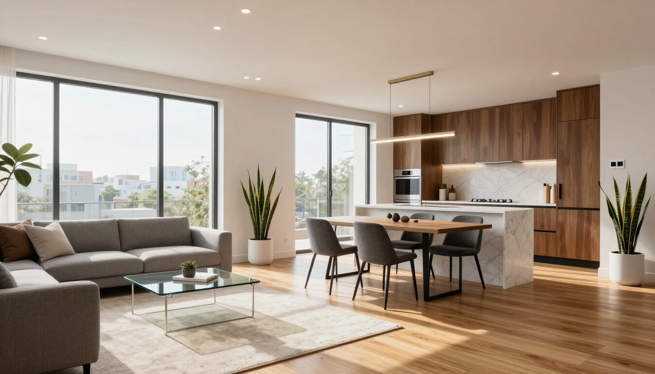 Modern open-plan living room with gray sofa, dining table, wood floors, and large windows
