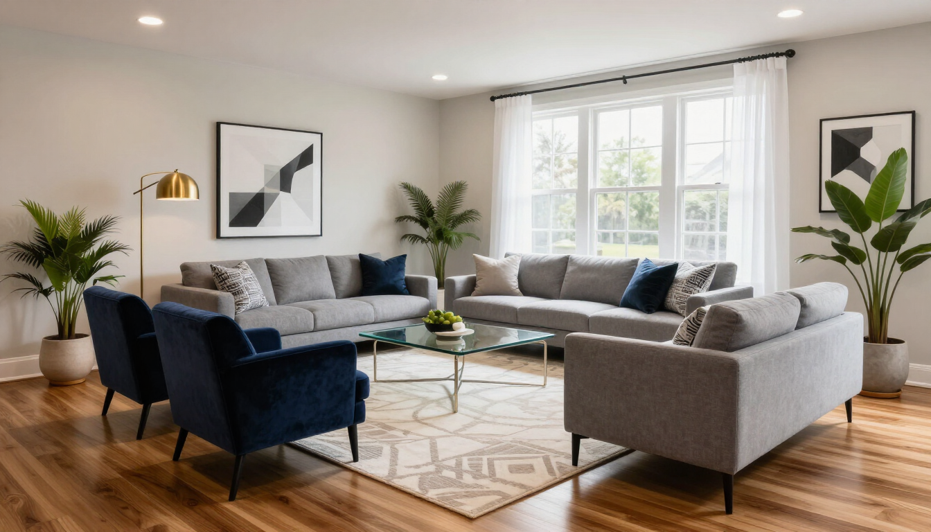 Bright modern living room with gray sofas, blue chairs, coffee table, and large windows with sheer curtains