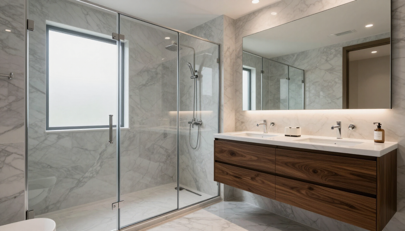 Modern bathroom with glass shower, marble tile, floating wood vanity, and large mirror