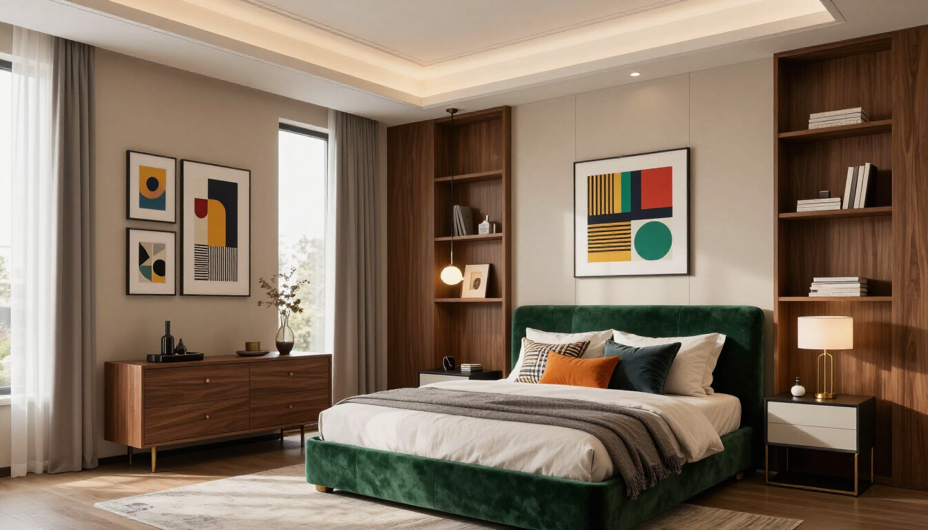 Modern bedroom with a green bed, wooden shelves, dresser, and colorful abstract wall art.