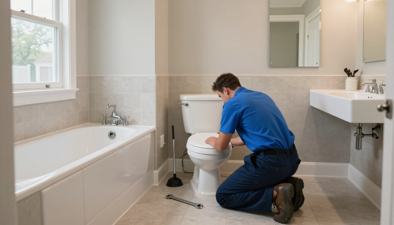 Plumber kneeling beside a toilet in a bright bathroom, using a wrench to fix plumbing.