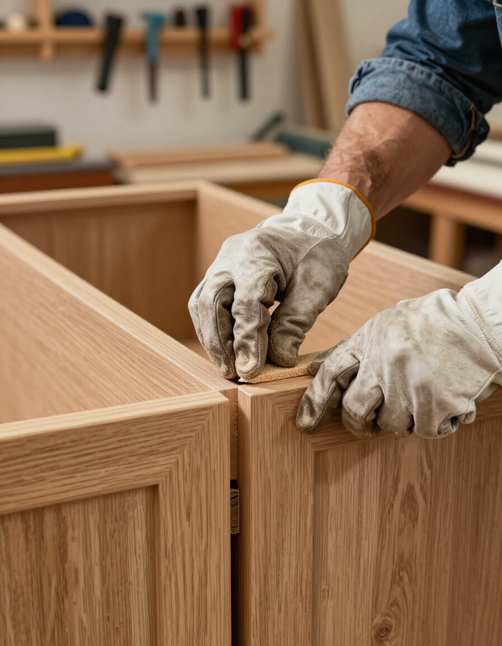 Gloved hands assembling a light wood cabinet corner with tools in a workshop