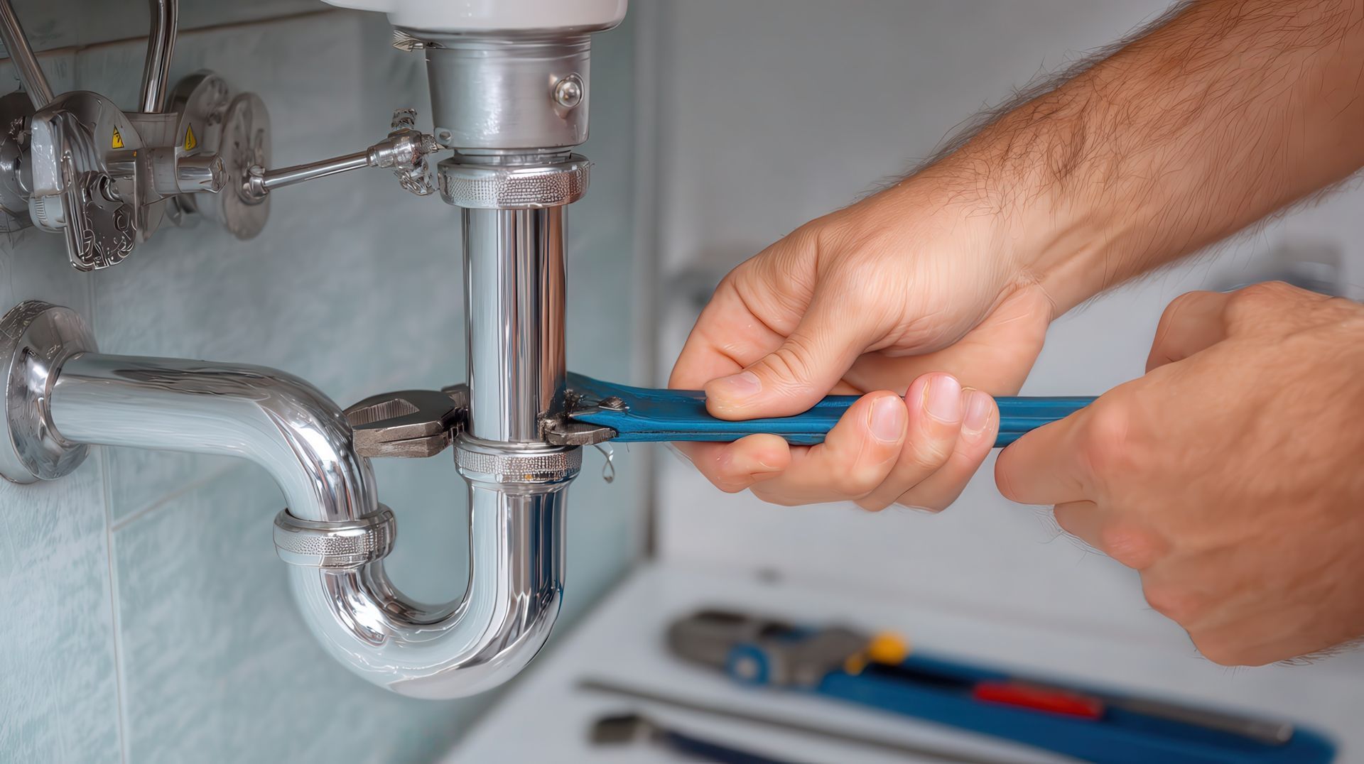 A gloved hand uses a wrench to tighten plumbing under a sink.