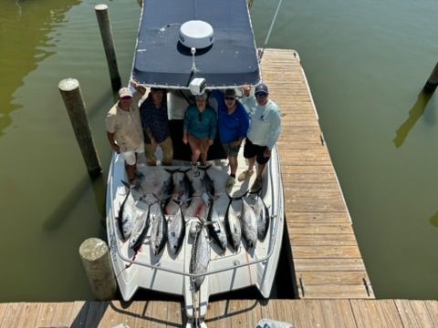 Five people stand on a boat docked at a wooden pier, surrounded by their catch of several large tuna on the deck.
