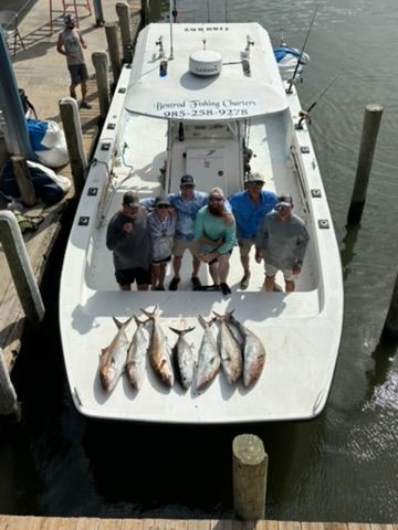A group of people standing on a boat at a dock with a catch of fish laid out on the deck.