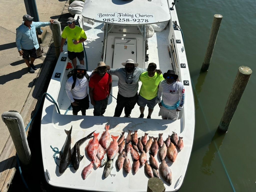 A group of people standing on a boat docked at a pier, with a large collection of fresh fish displayed on the deck.