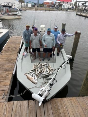 Six people stand on a boat docked at a marina, with a large catch of fish displayed on the deck in front of them.